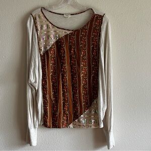 Anthropologie Tiny Sammi Sequined Top SZ L Floral Cream Brown Long Sleeve